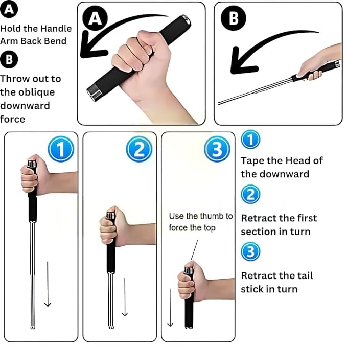 Stainless Steel Self-Defense Foldable Hiking & Safety Stick | Compact Extendable Wand with Comfortable Grip & Nylon Bag