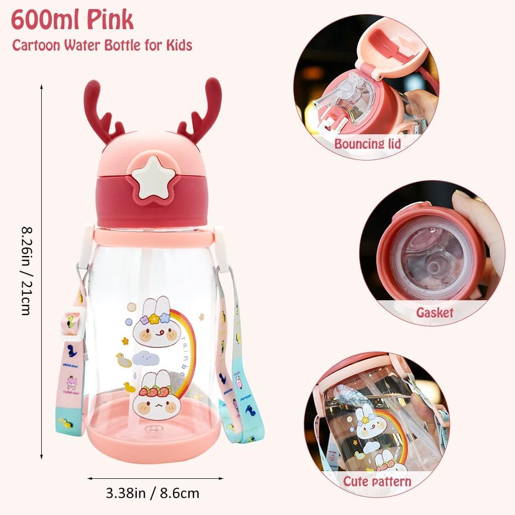 Kawaii Cartoon Water Bottle with Straw – 600 ml Leak‑Proof