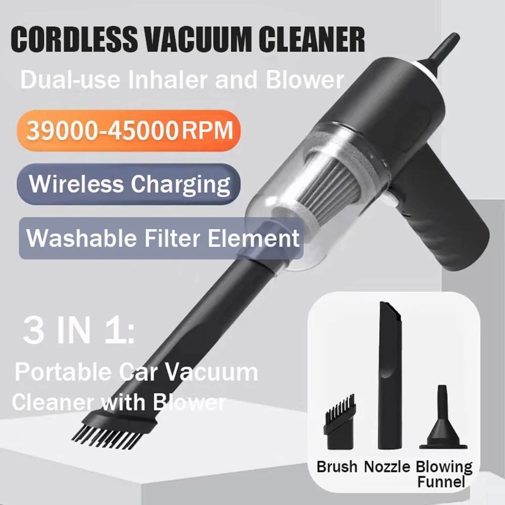 3-in-1 Portable Car Vacuum Cleaner with Inflator & Light – Rechargeable Mini Vacuum for Car & Home