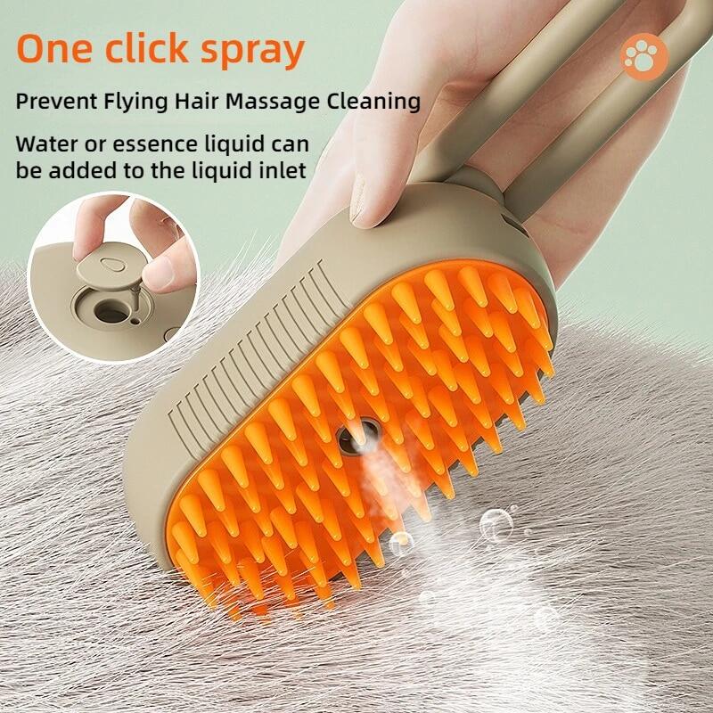 Pet grooming brush with orange bristles and liquid outlet, used on a pet's fur.