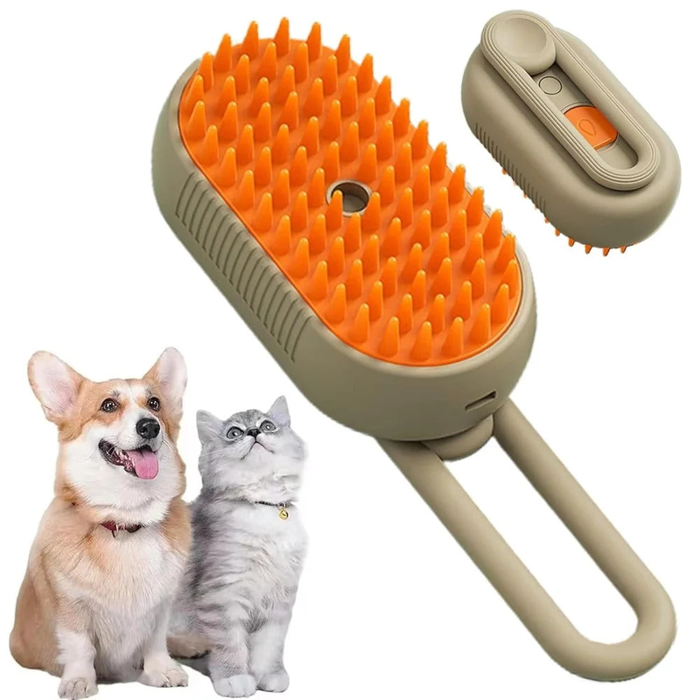 Pet grooming brush with orange bristles and beige handle, featuring a dog and cat on a white background.