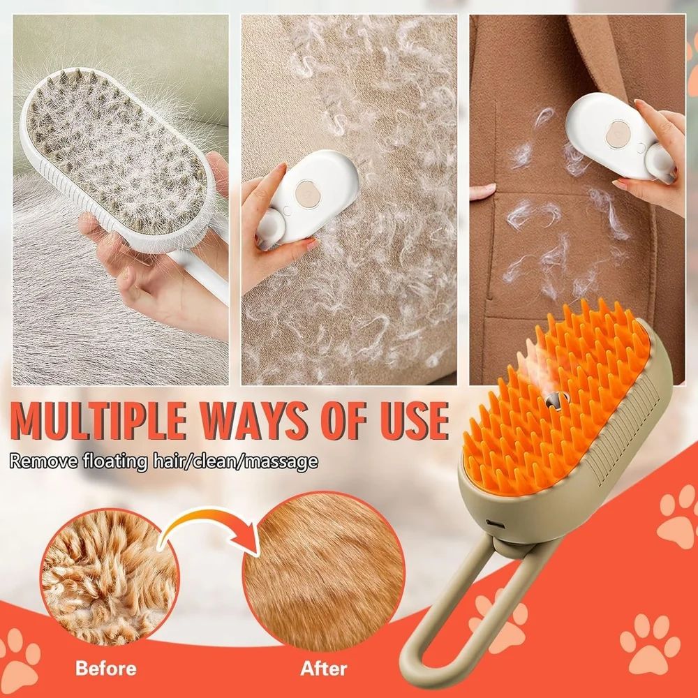 Product demonstration of a grooming brush with multiple uses on different surfaces.