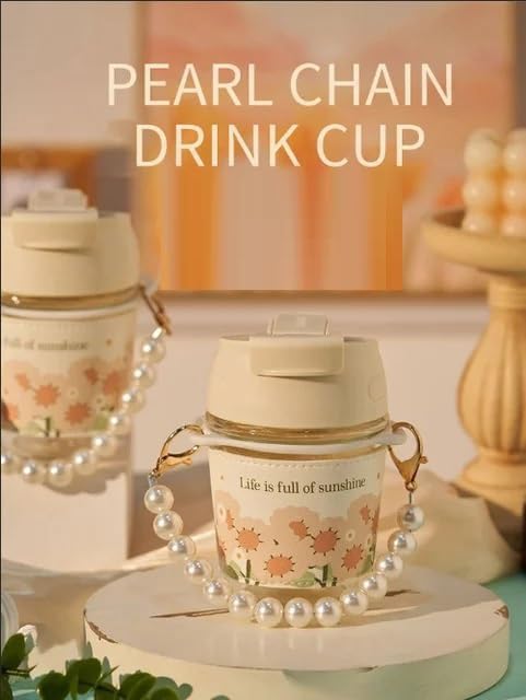 Stylish Glass Coffee Mug with Pearl Chain Belt – Aesthetic & Reusable Tumbler for Beverages