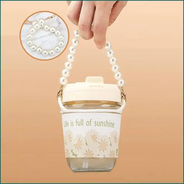 Stylish Glass Coffee Mug with Pearl Chain Belt – Aesthetic & Reusable Tumbler for Beverages