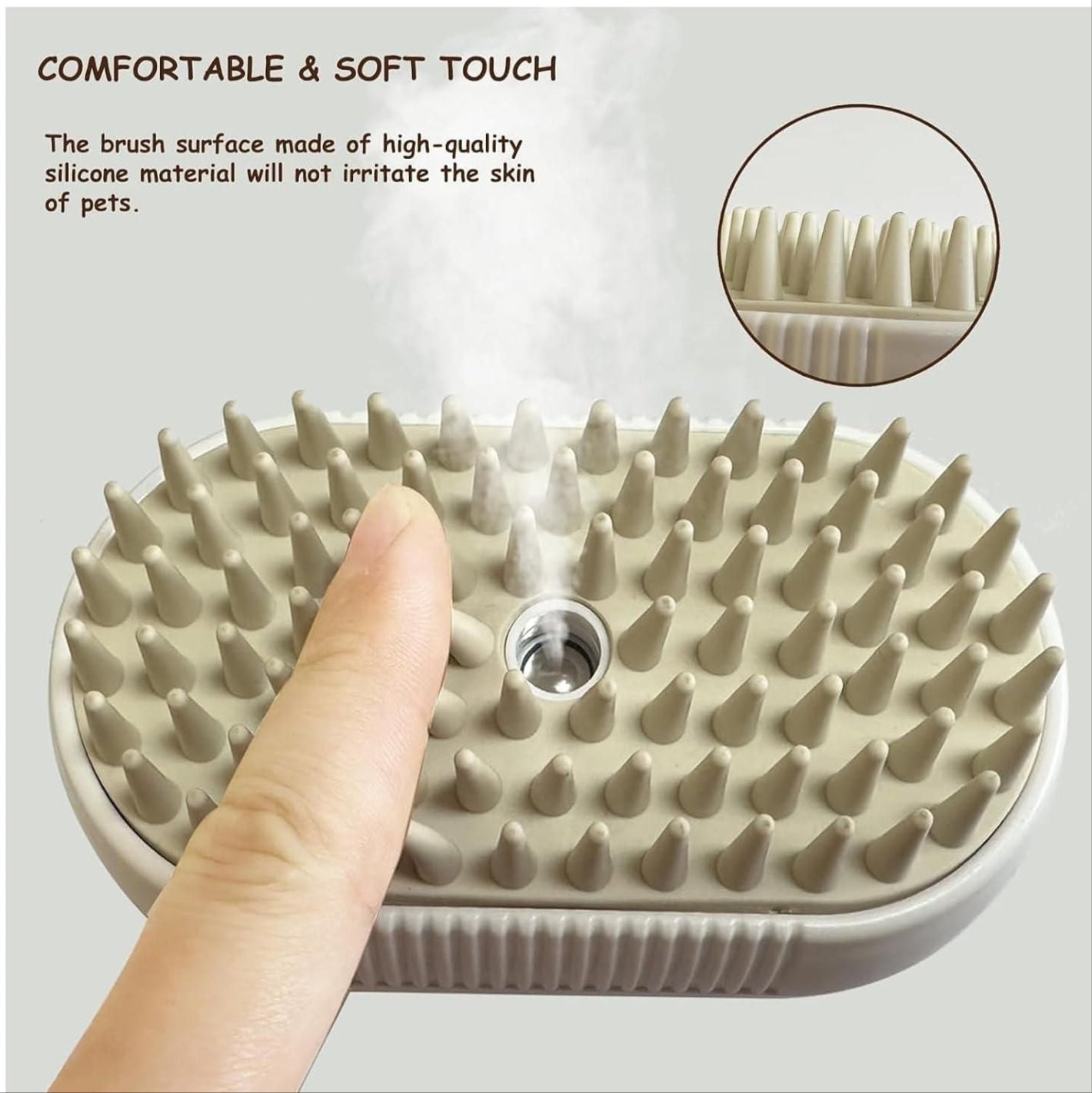 Pet grooming brush with silicone bristles, hand holding it for scale, and close-up of bristles.