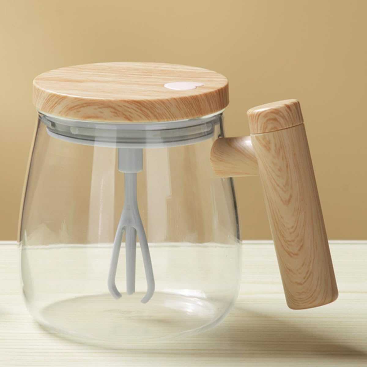 Self Stirring Electric Mug with mixer and wood-style lid; borosilicate glass.