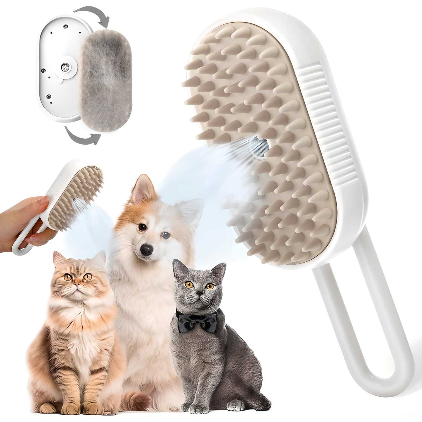 Pet grooming brush with a hand holding it, surrounded by three pets on a white background.