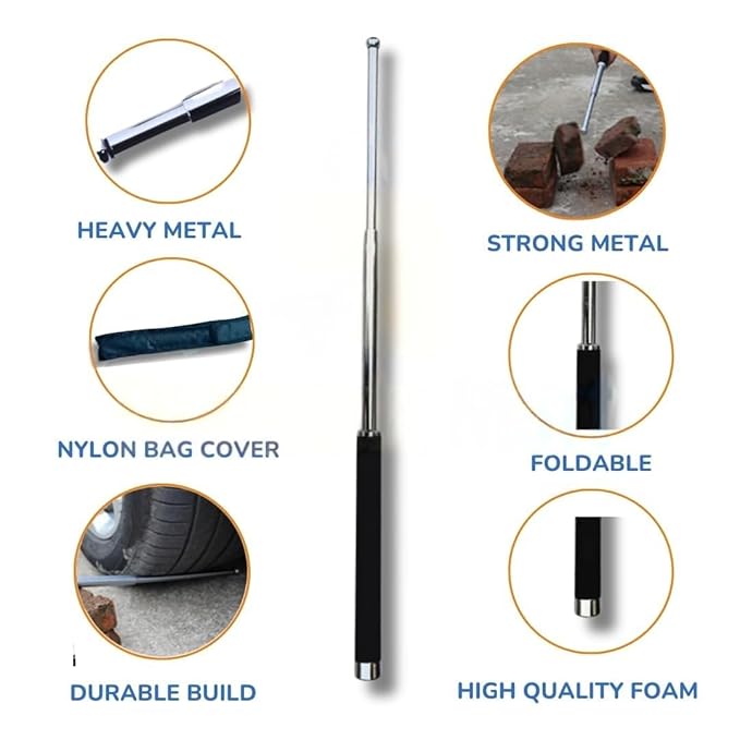 Stainless Steel Self-Defense Foldable Hiking & Safety Stick | Compact Extendable Wand with Comfortable Grip & Nylon Bag
