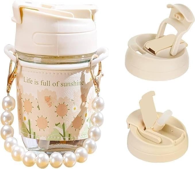 Stylish Glass Coffee Mug with Pearl Chain Belt – Aesthetic & Reusable Tumbler for Beverages