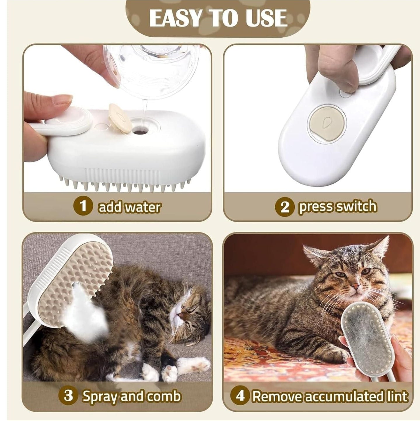 Product instructions for a pet grooming tool with images of use and a cat using it.