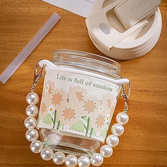 Stylish Glass Coffee Mug with Pearl Chain Belt – Aesthetic & Reusable Tumbler for Beverages