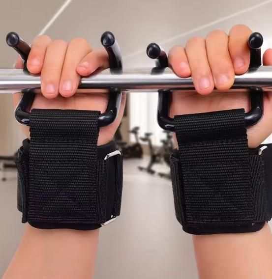 Heavy-Duty Weight Lifting Hooks with adjustable wrist support gripping a barbell.