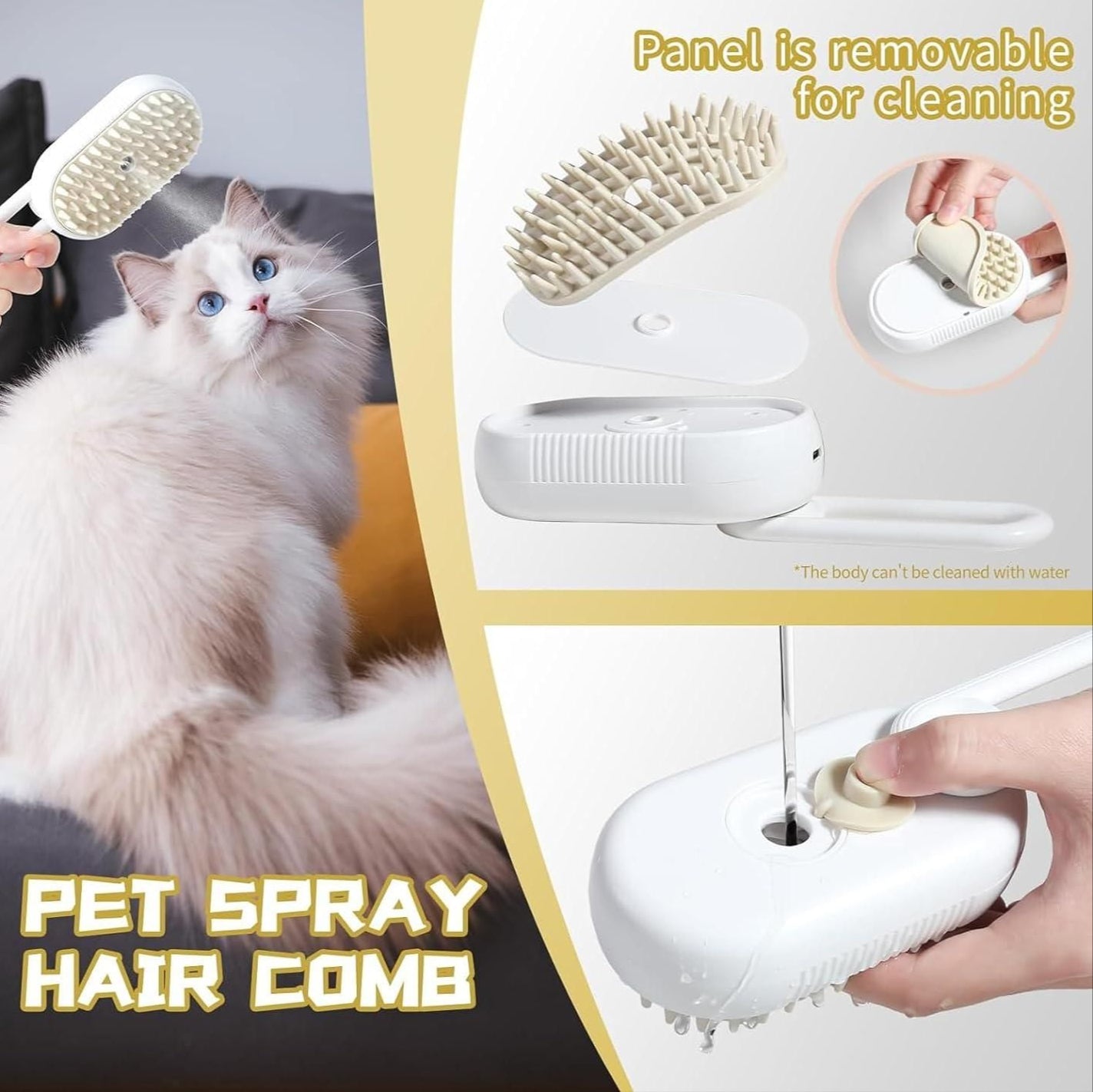 Pet grooming comb with detachable panel for cleaning, featuring a cat and close-up details.