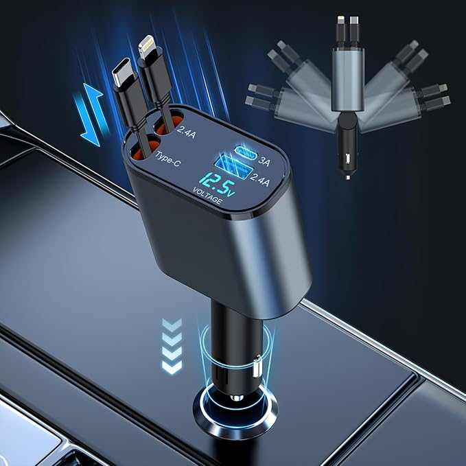 Retractable 4-in-1 Car Charger – Fast Charging, Adjustable Length, Universal Compatibility