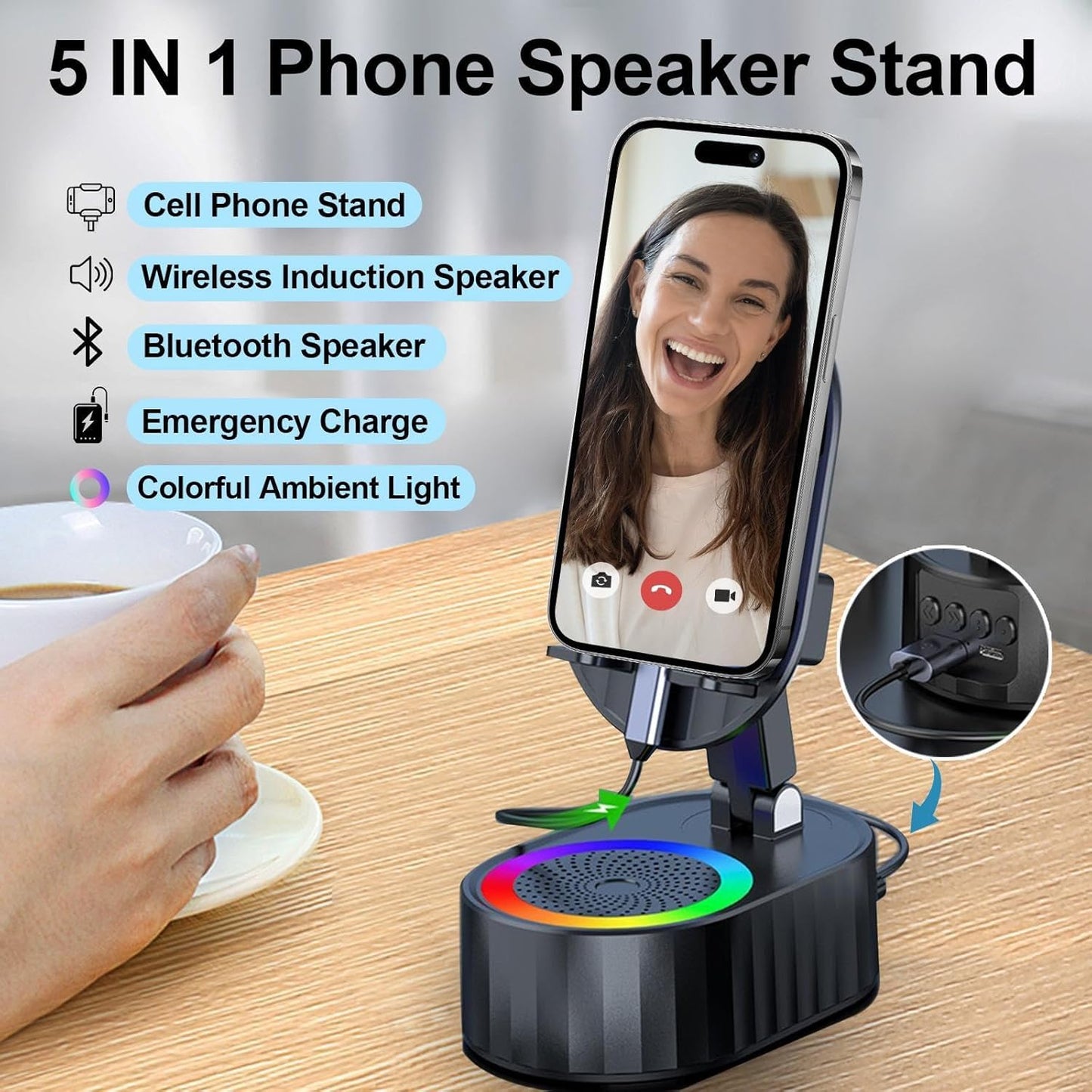 5-in-1 Induction Wireless Speaker with Phone Stand & RGB Light