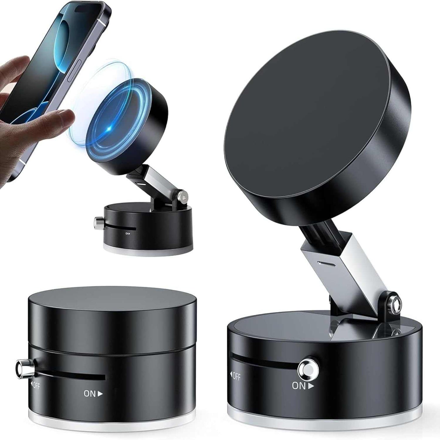 Magnetic phone holder with 360° swivel, multi-surface compatibility, and strong magnetic grip for smartphones.