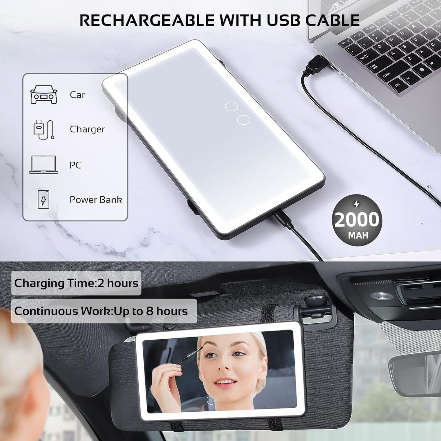 Rechargeable Car Visor Vanity Mirror with LED Lights – Touch Control