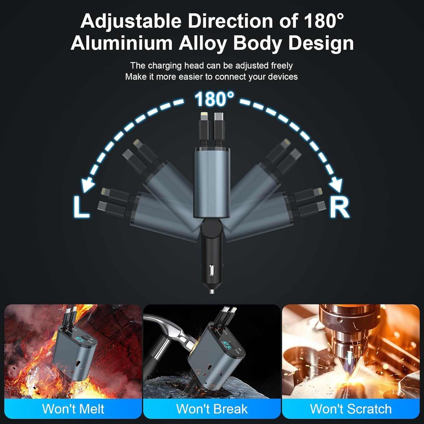 Retractable 4-in-1 Car Charger – Fast Charging, Adjustable Length, Universal Compatibility