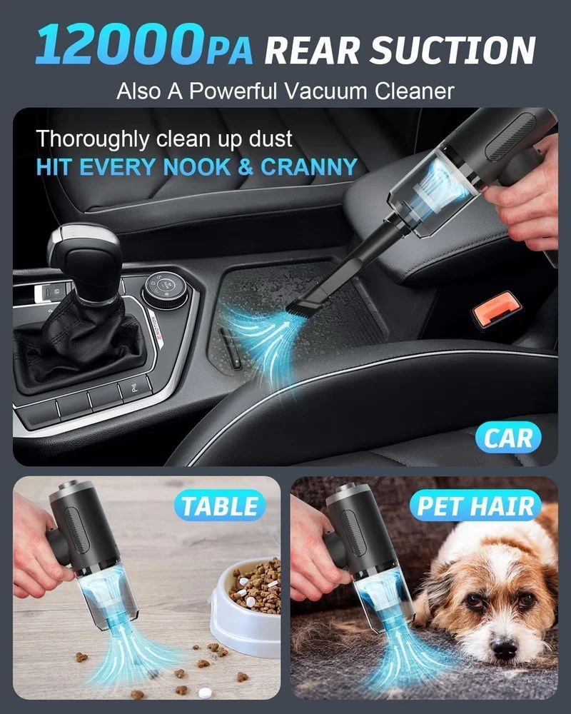 3-in-1 Portable Car Vacuum Cleaner with Inflator & Light – Rechargeable Mini Vacuum for Car & Home