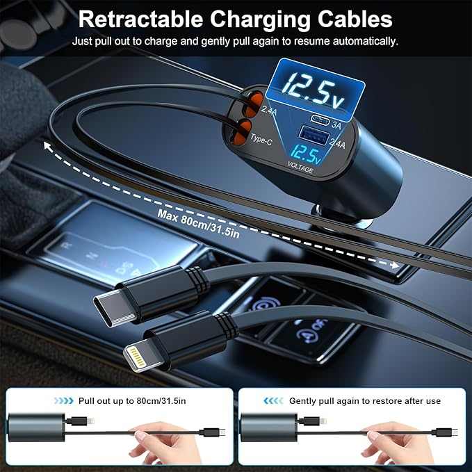 Retractable 4-in-1 Car Charger – Fast Charging, Adjustable Length, Universal Compatibility
