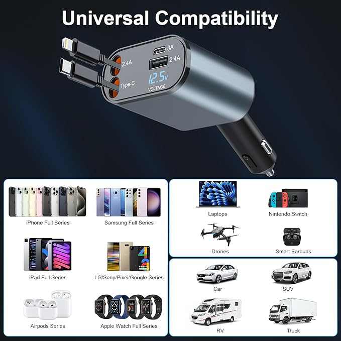 Retractable 4-in-1 Car Charger – Fast Charging, Adjustable Length, Universal Compatibility
