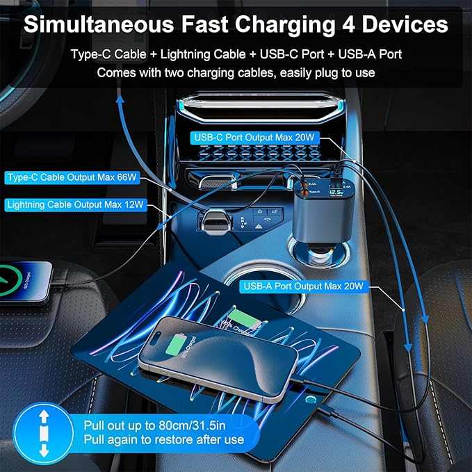 Retractable 4-in-1 Car Charger – Fast Charging, Adjustable Length, Universal Compatibility