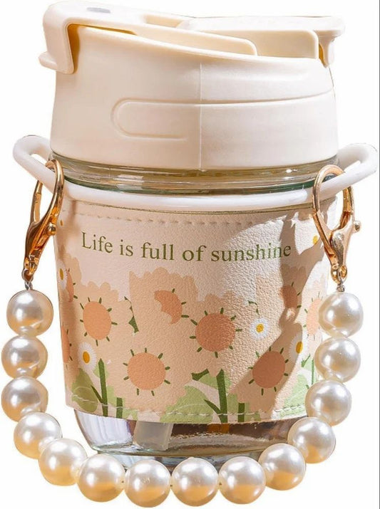 Stylish Glass Coffee Mug with Pearl Chain Belt – Aesthetic & Reusable Tumbler for Beverages