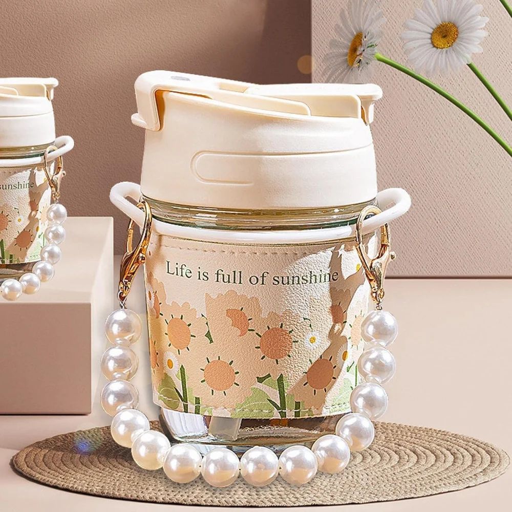 Stylish Glass Coffee Mug with Pearl Chain Belt – Aesthetic & Reusable Tumbler for Beverages