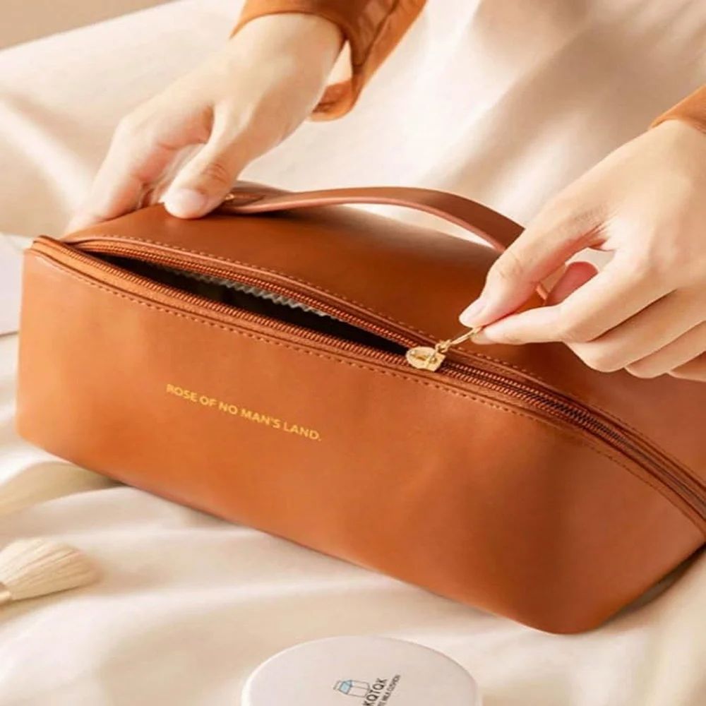 Premium Leather Cosmetic Bag with Side Zipper – Compact, Stylish & Travel-Friendly